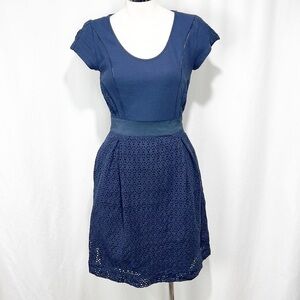 Etcetera Petal Eyelet A-Line Fit and Flare Dress Navy Blue size 2